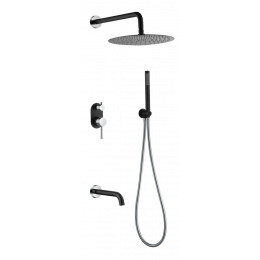 Смеситель встроенный + верхний+ ручной душ, Uno. Black Chrome с изливом 464-2-BCR